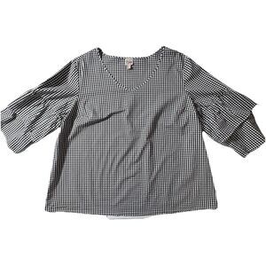 Como Vintage blouse top black white gingham tiered bell sleeve 2X